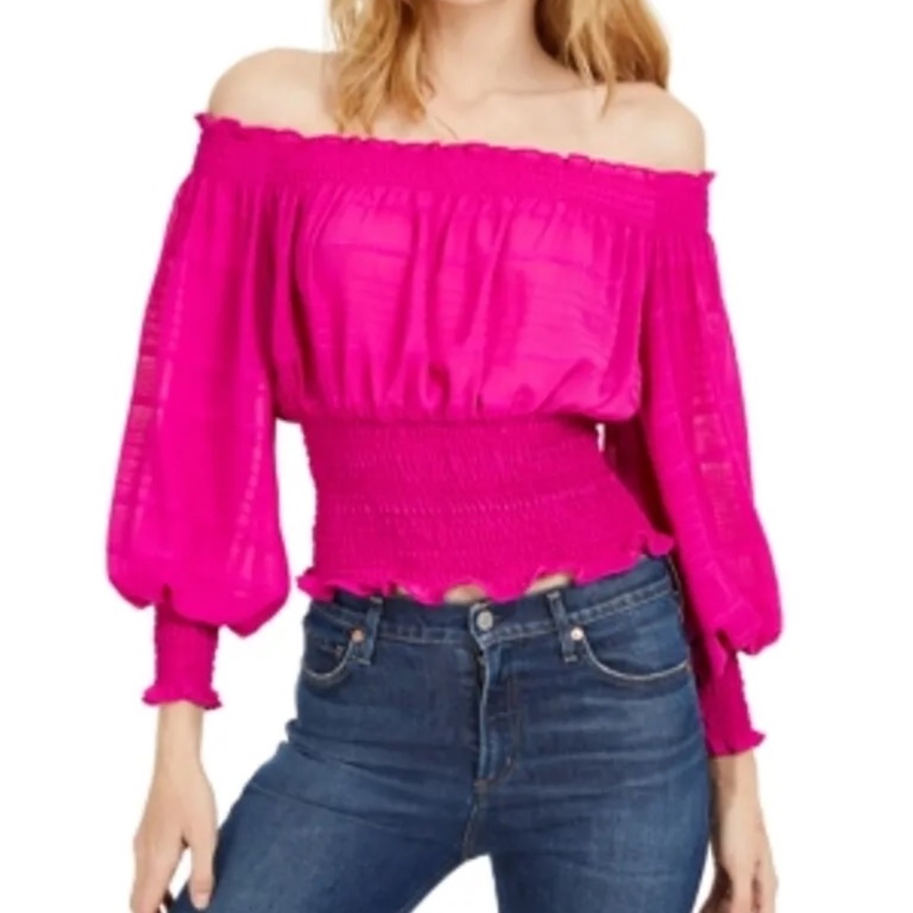 Fuchsia Pink Off The Shoulder Long sleeve Stretch Top Señorita Leyden Medium